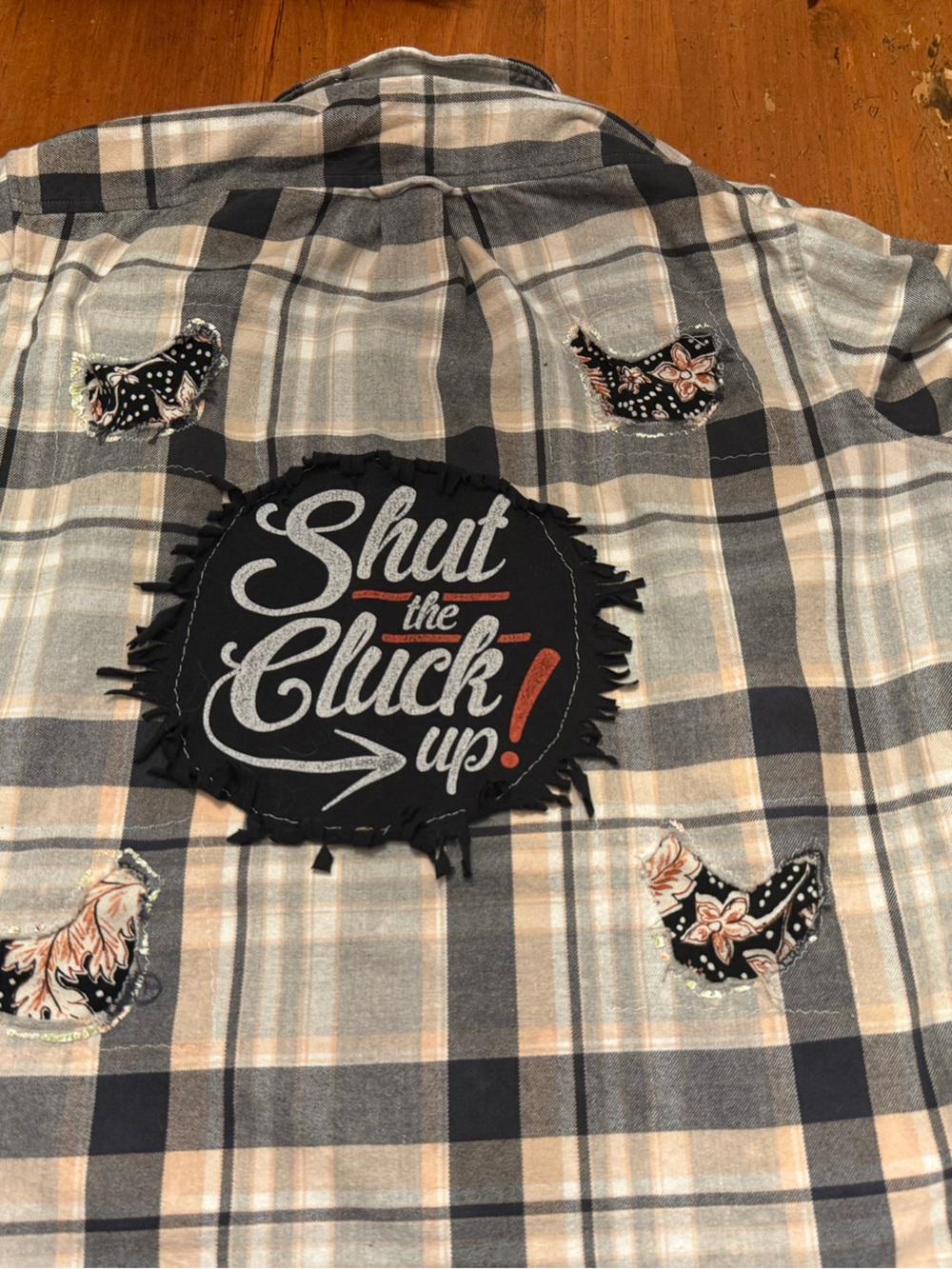 Lands' End Plaid Button-Down Shirt in Gray, Cream & Black with Graphic Patch
